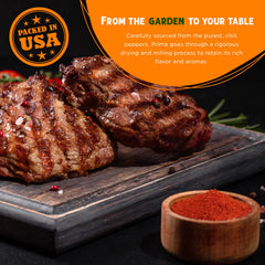 Prima Spice cayenne powder close-up aroma hints at fresh, fiery seasoning.