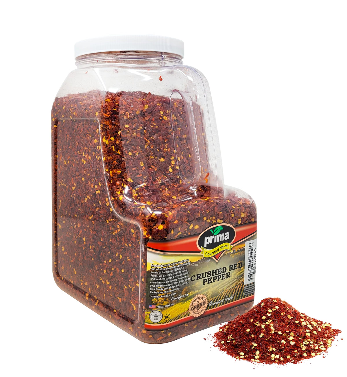 Prima Spice crushed red pepper flakes jar closeup showing vibrant color and texture