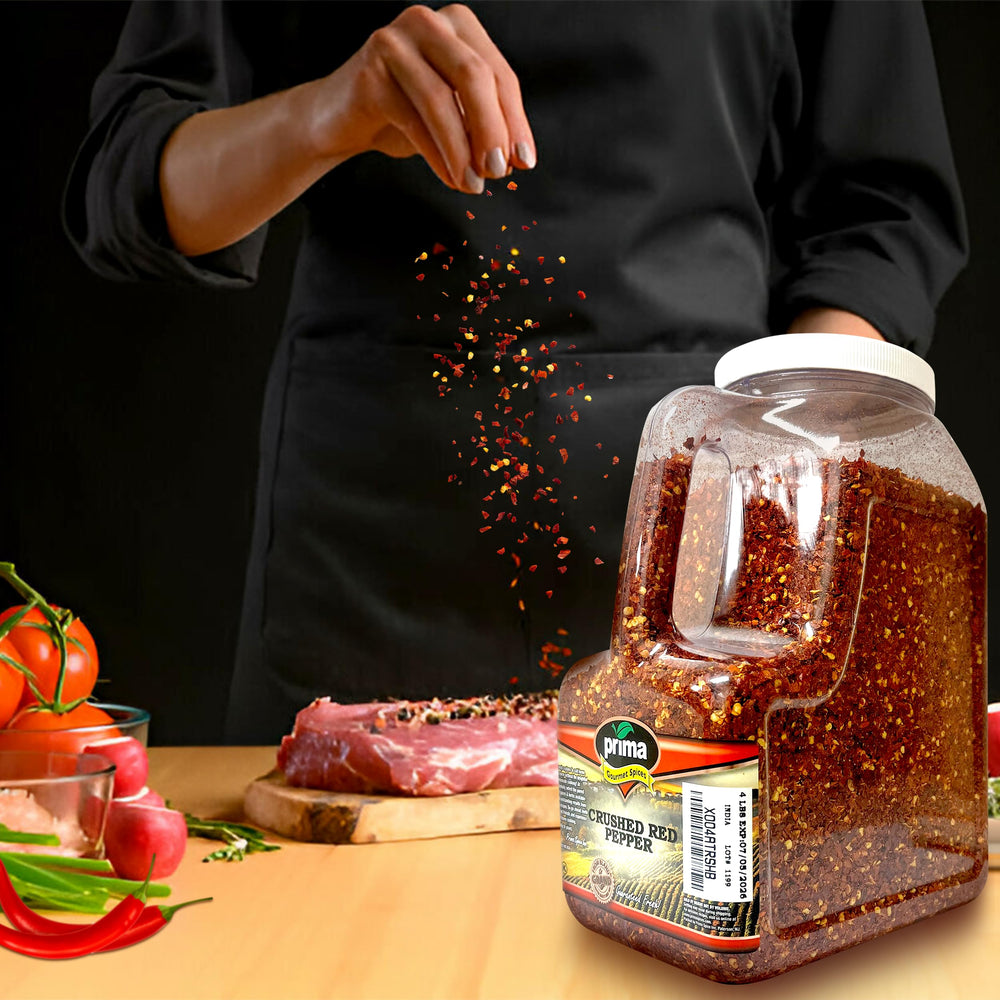 Prima Spice crushed red pepper flakes on kitchen counter for quick seasoning