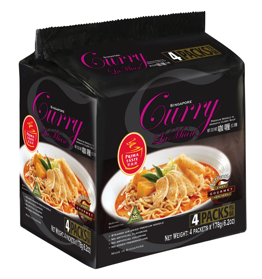 Prima Taste Singapore Curry Lamian Noodles pack open, four seasoning packets ready for a quick gourmet meal.