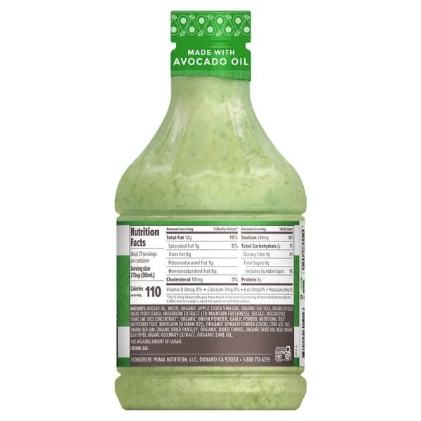 Primal Kitchen Avocado Lime Dressing 31oz bottle close-up, dairy-free option.