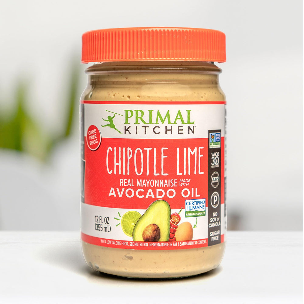 Primal Kitchen Avocado Oil Mayo Original displays Non-GMO and gluten-free icons