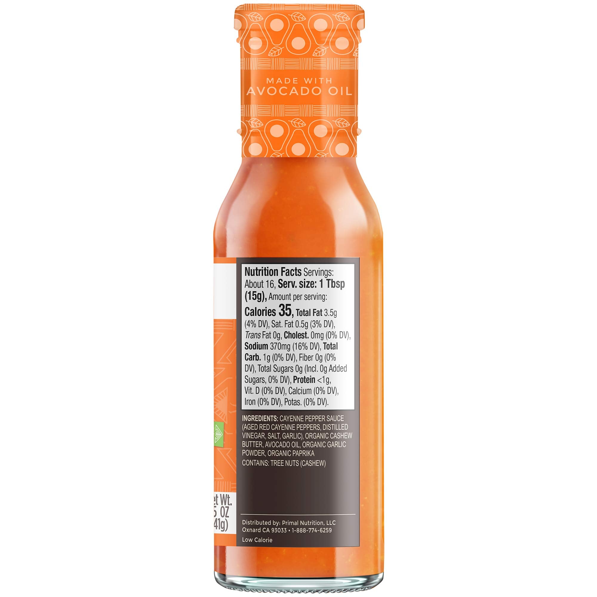 Primal Kitchen Buffalo Sauce bottle front, avocado oil base for smooth, dairy-free heat.