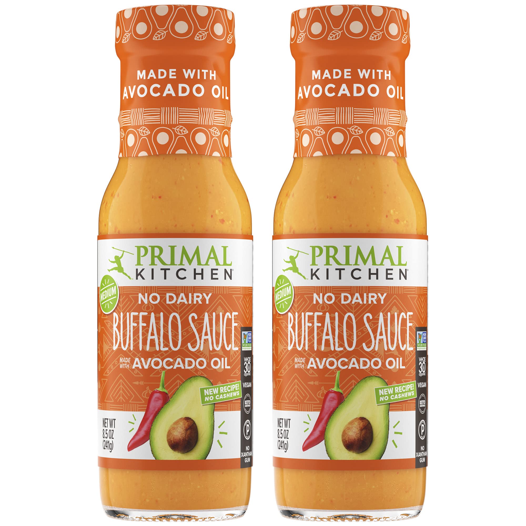 Primal Kitchen Buffalo Sauce two-pack bottles, dairy-free bold flavor for wings.