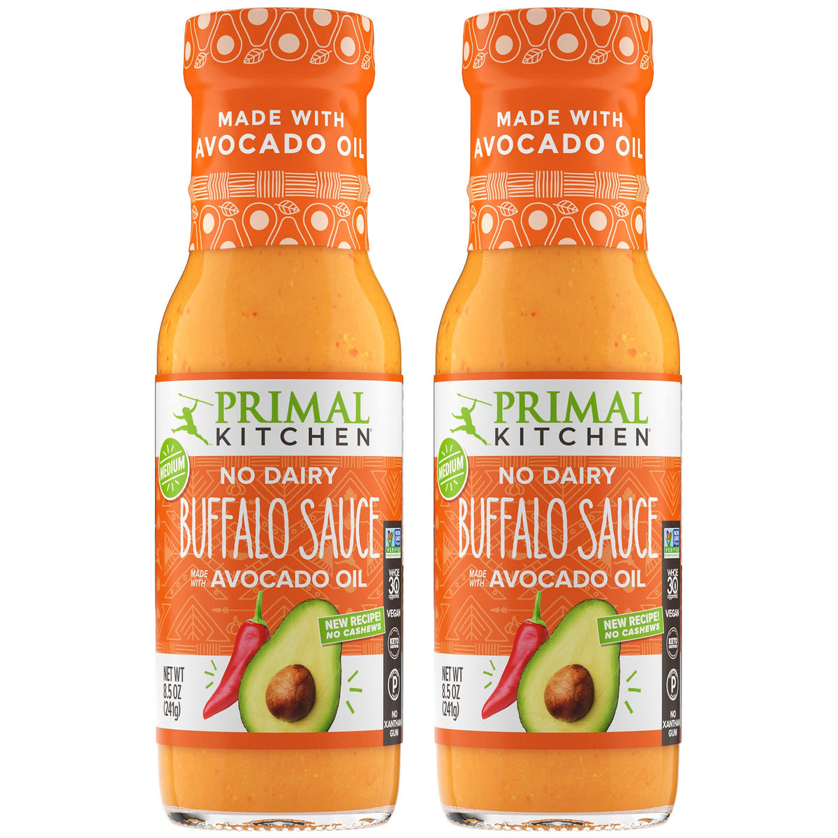 Primal Kitchen Buffalo Sauce two-pack bottles, dairy-free bold flavor for wings.