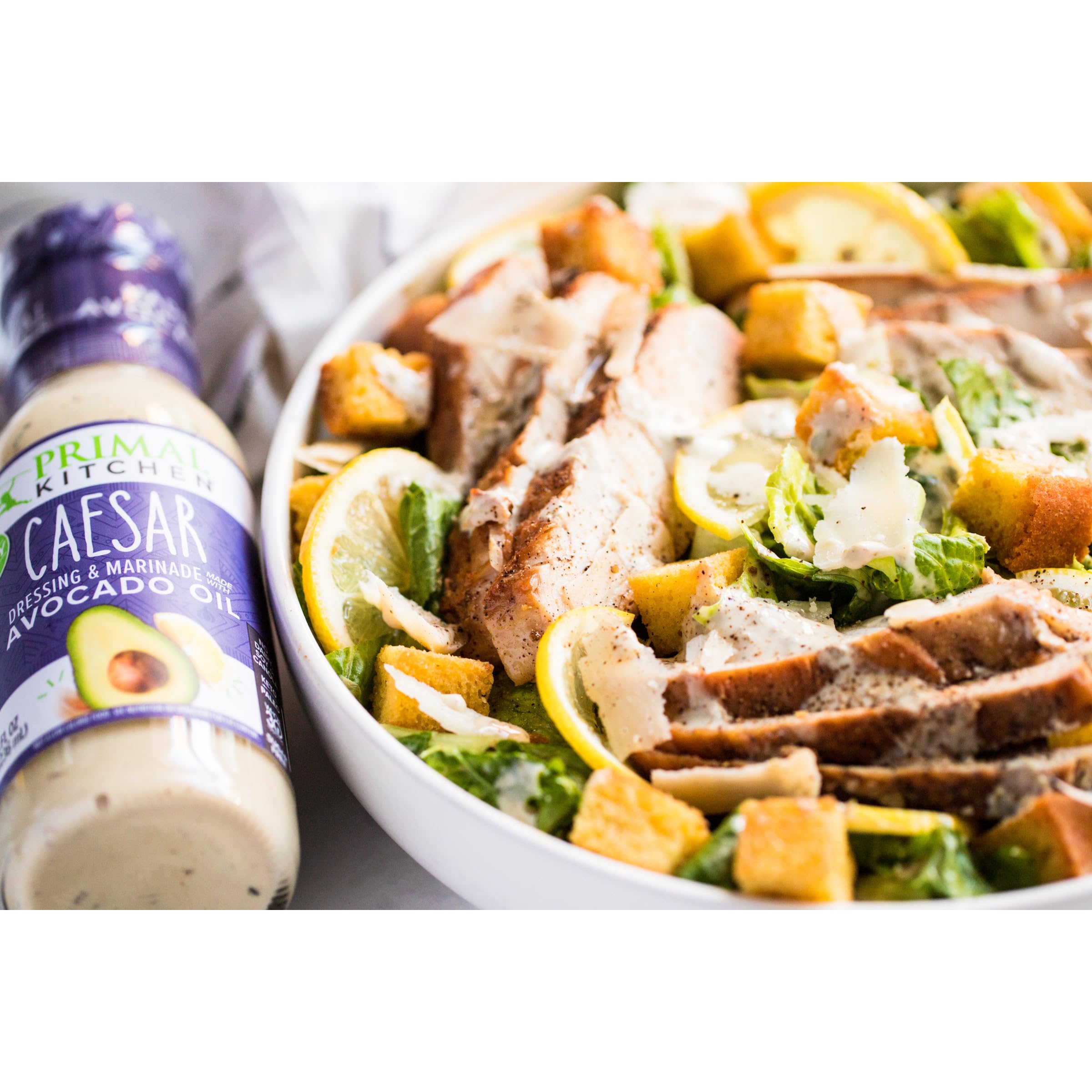 Close-up of Primal Kitchen Caesar dressing ingredients label