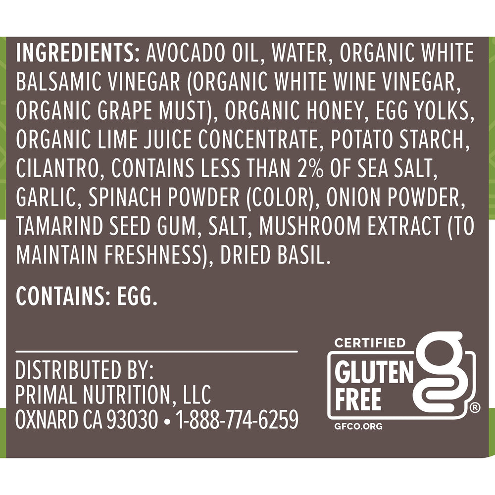 Primal Kitchen Cilantro Lime Dressing label close-up highlights ingredients.