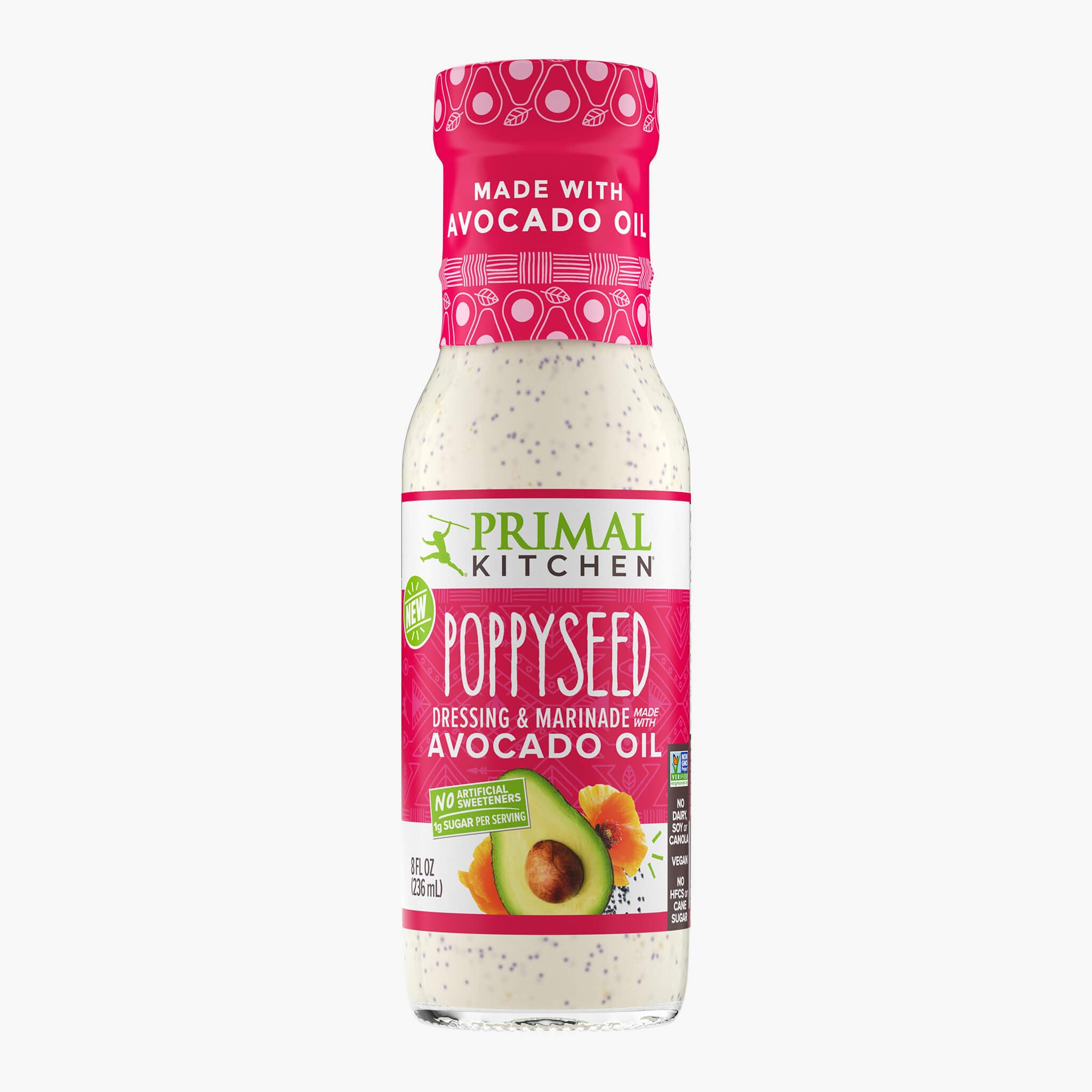 Primal Kitchen dressing bottle with poppy seed and avocado, ready to pour on salads.