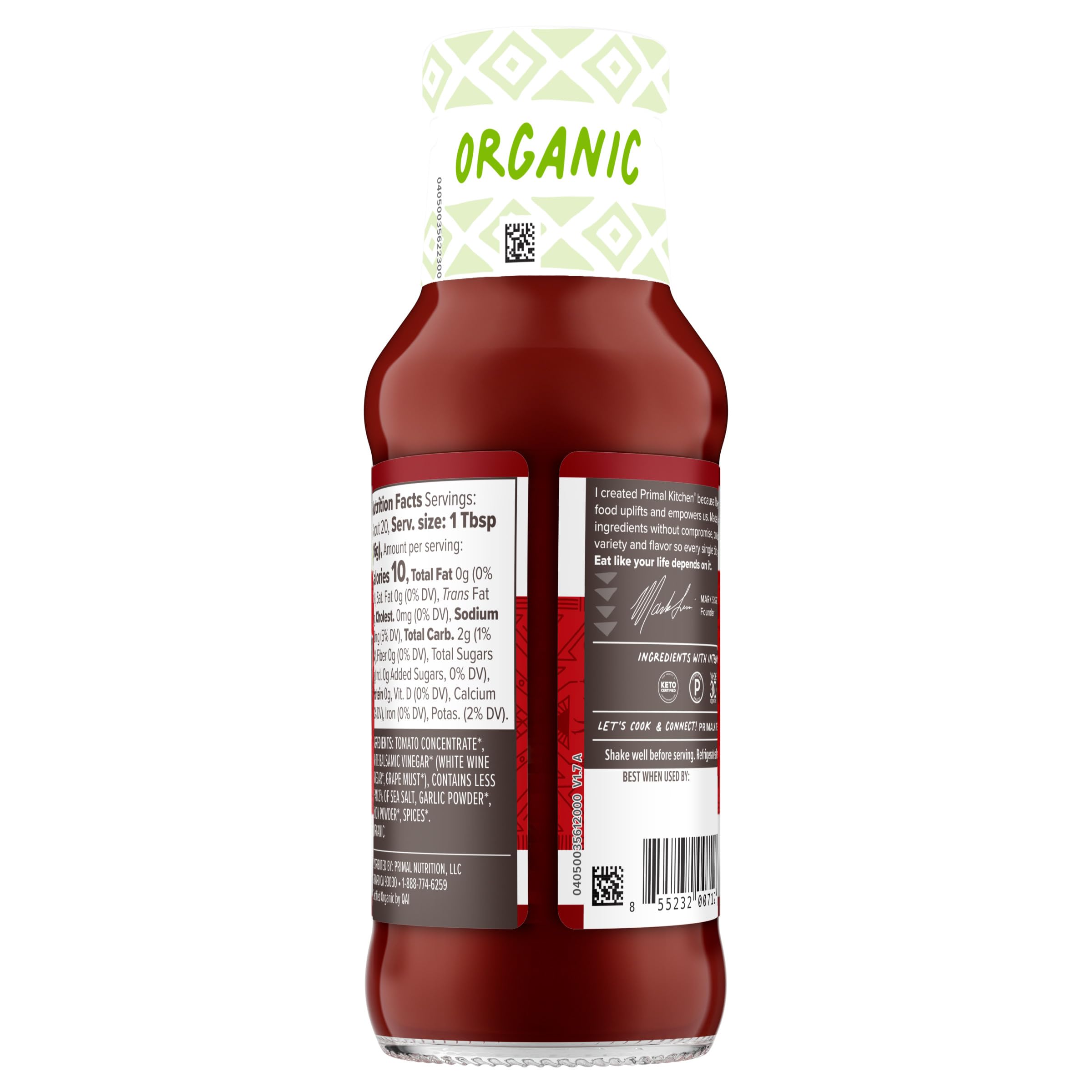 Primal Kitchen Ketchup Unsweetened glass bottle hero shot emphasizes premium packaging.