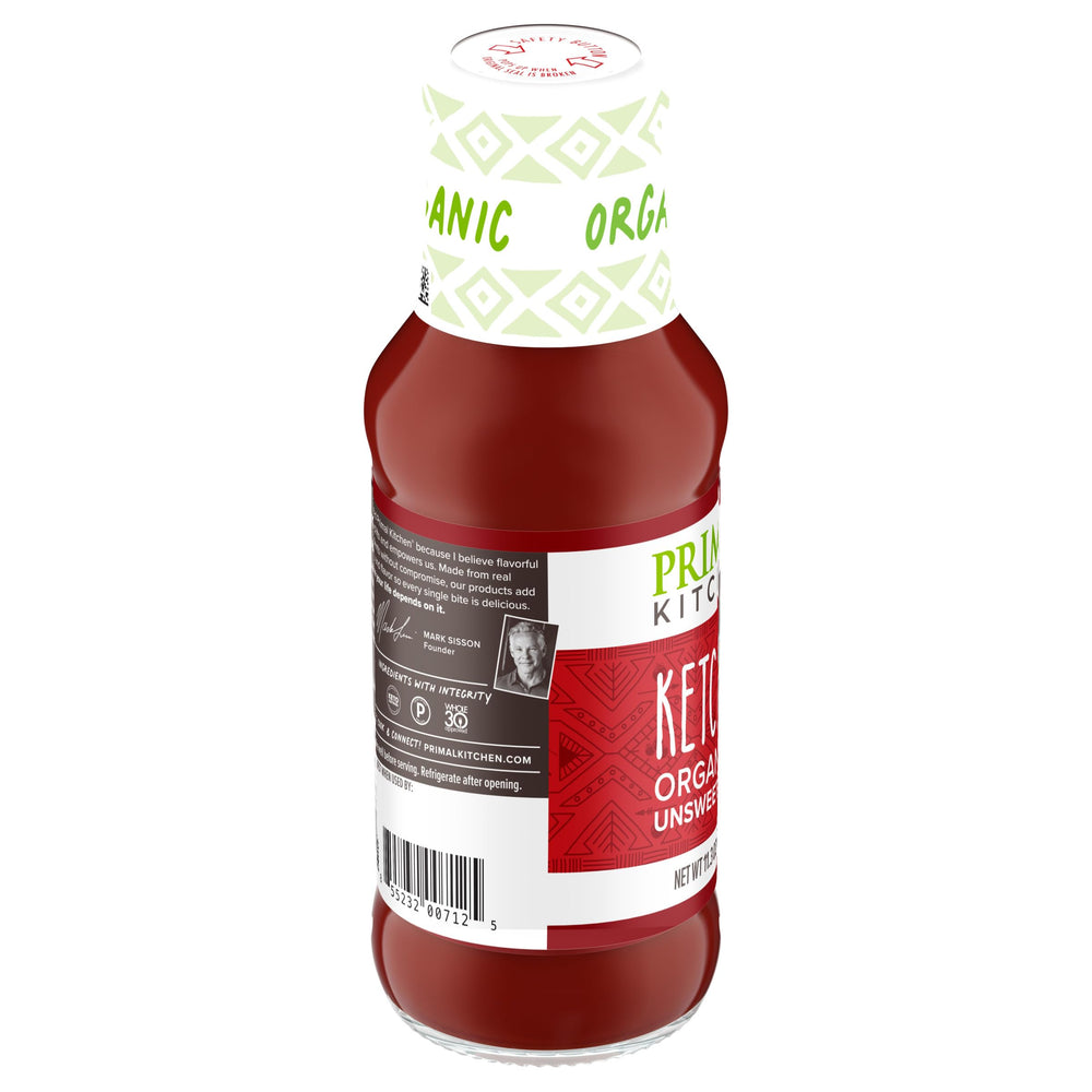 Primal Kitchen Ketchup Unsweetened ingredient focus featuring tomatoes and simple ingredients.