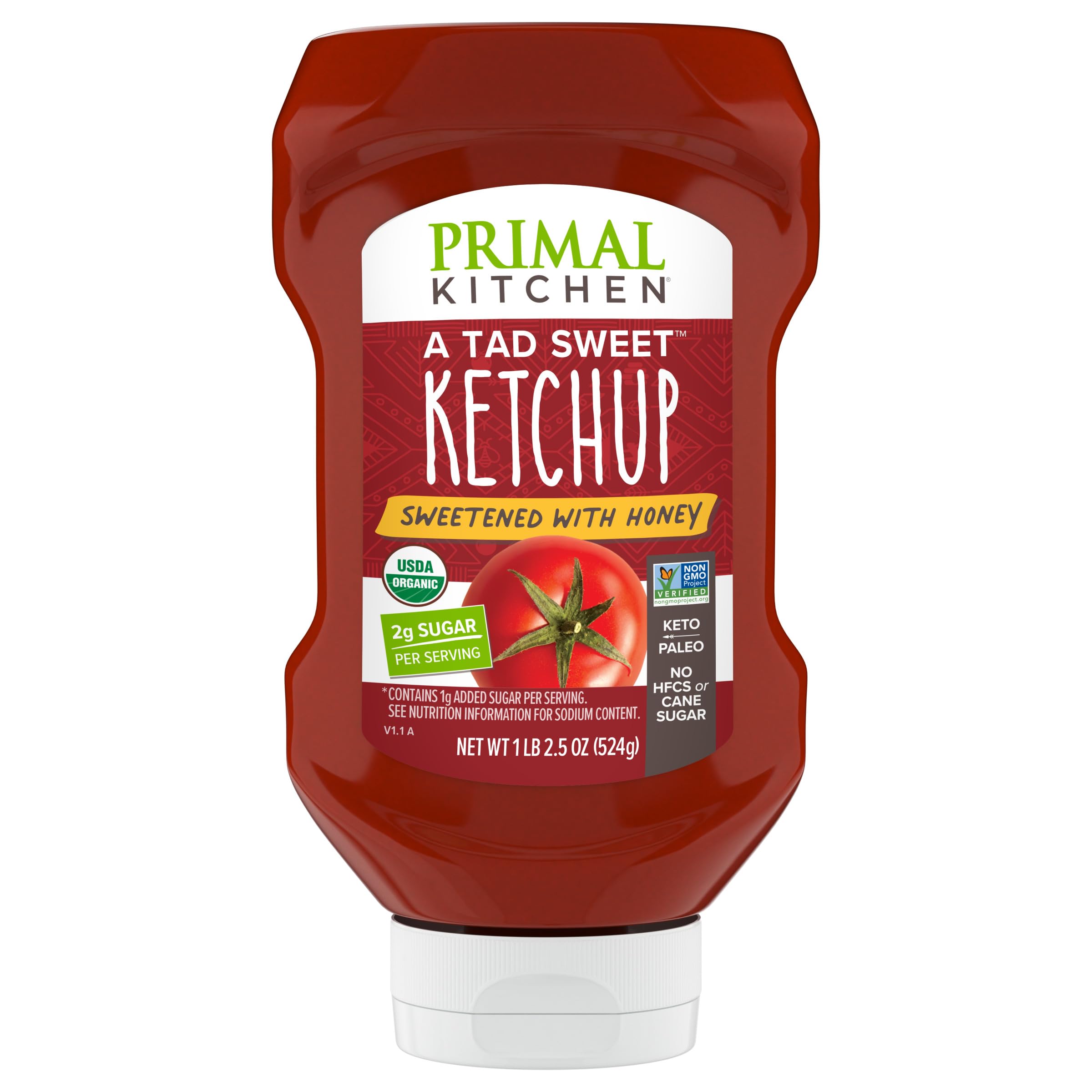 Primal Kitchen Ketchup with Honey Squeeze bottle showcases premium ingredients for family meals.