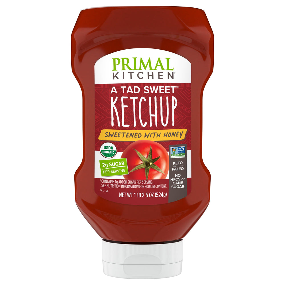 Primal Kitchen Ketchup with Honey Squeeze bottle showcases premium ingredients for family meals.