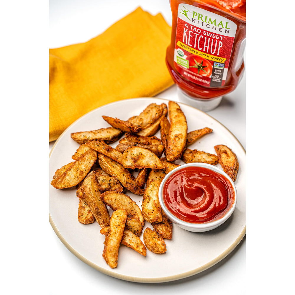 Primal Kitchen Ketchup with Honey Squeeze burger topping shows versatile use.