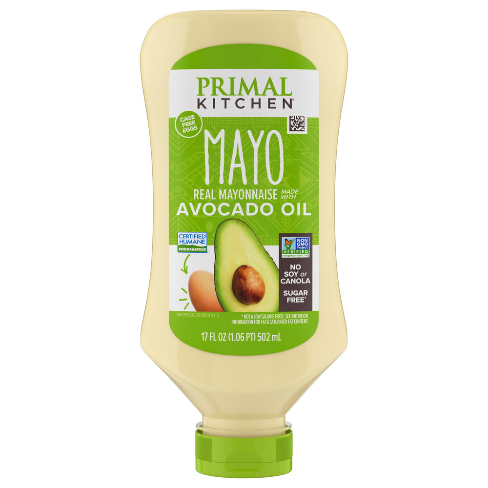 Primal Kitchen Mayo Avocado Oil Squeeze bottle pour enhances sandwiches with creamy avocado