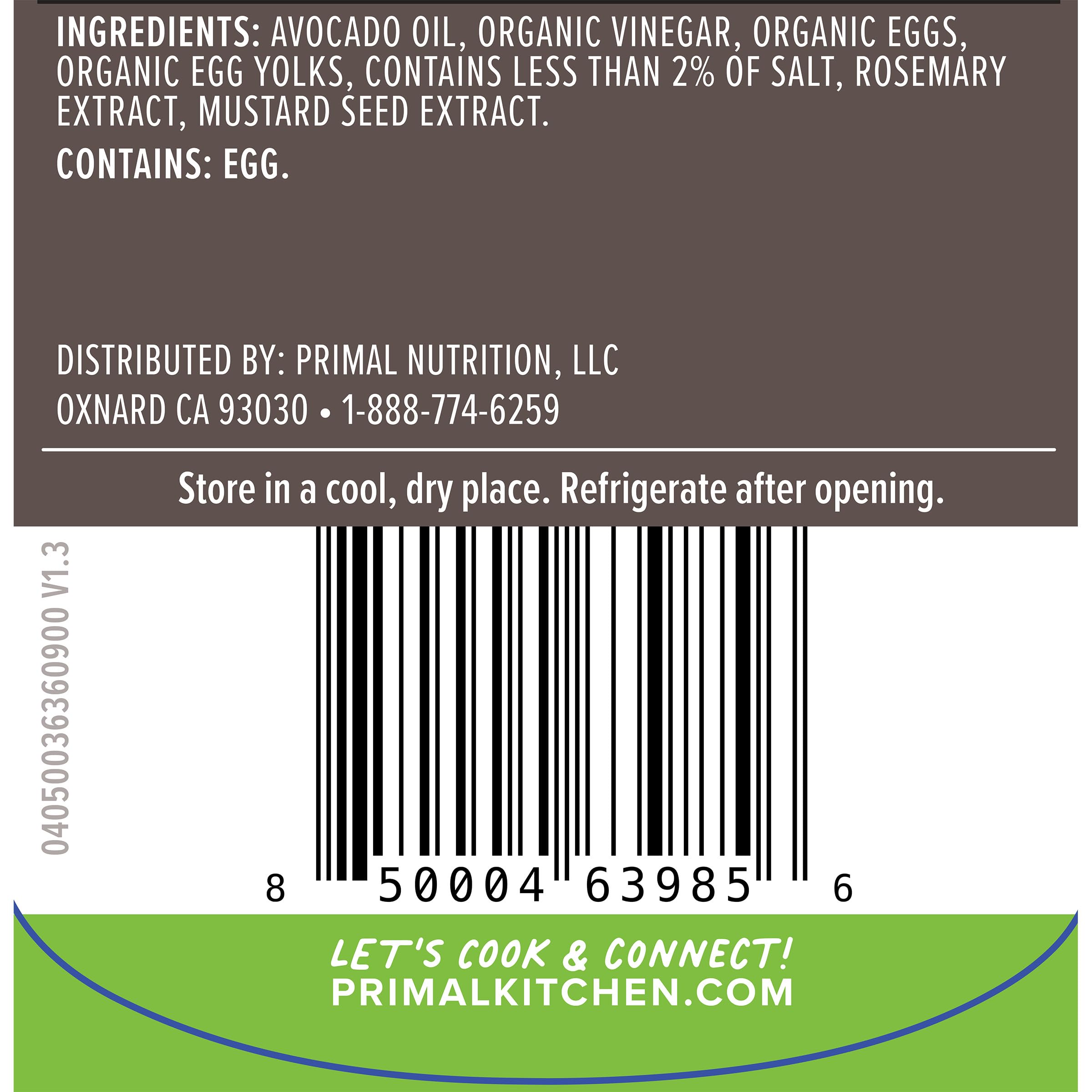 Primal Kitchen Mayo Avocado Oil Squeeze label closeup highlights premium ingredients