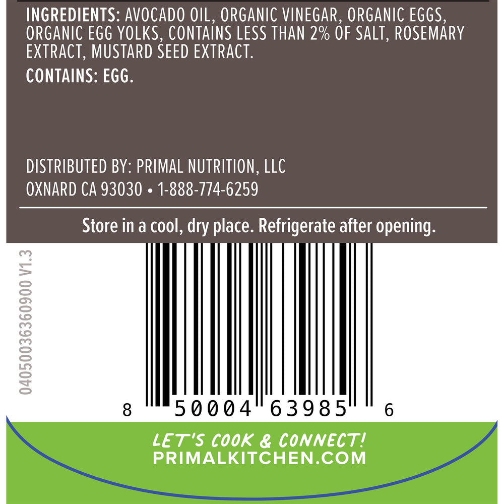 Primal Kitchen Mayo Avocado Oil Squeeze label closeup highlights premium ingredients