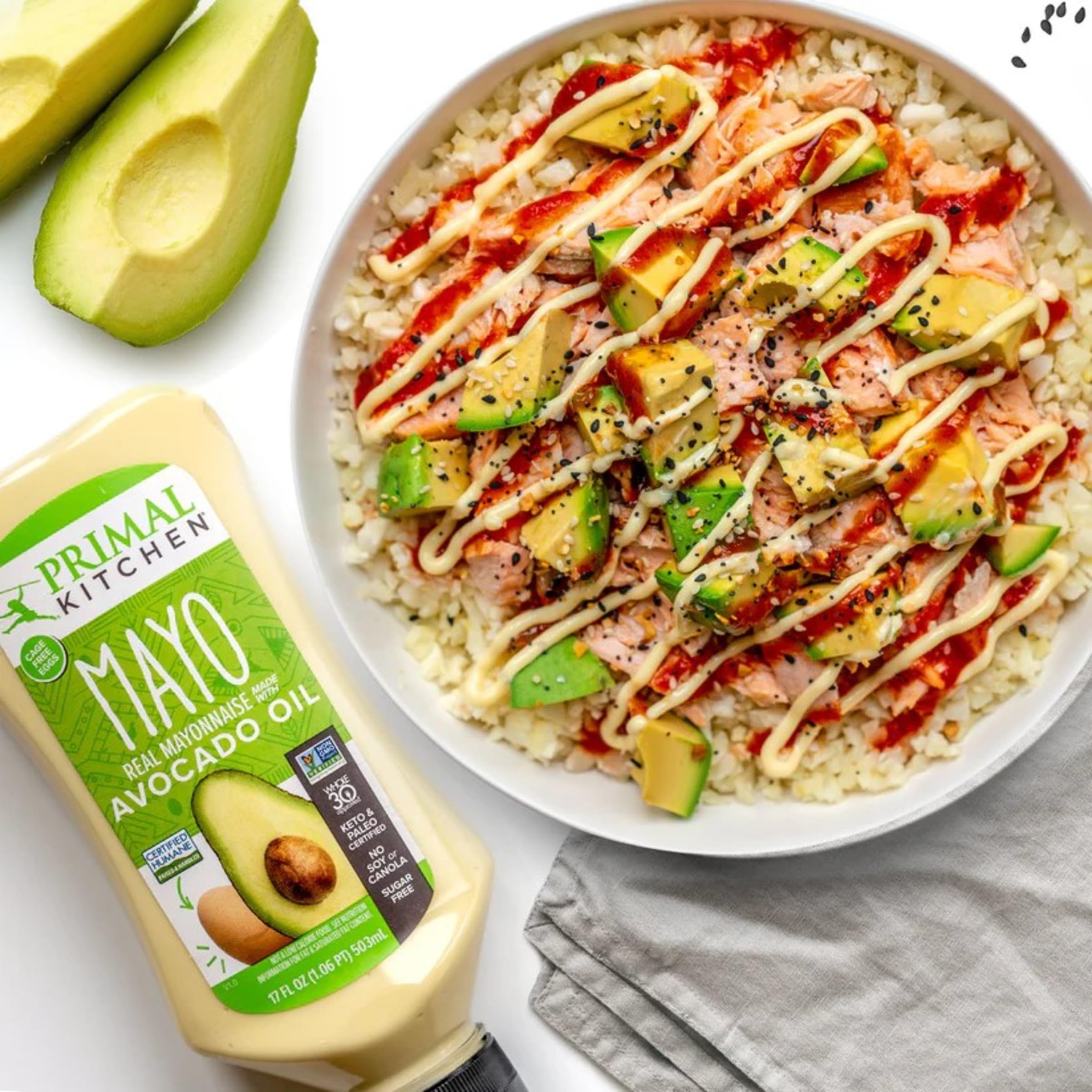 Primal Kitchen Mayo Avocado Oil Squeeze packaging emphasizes convenience and freshness