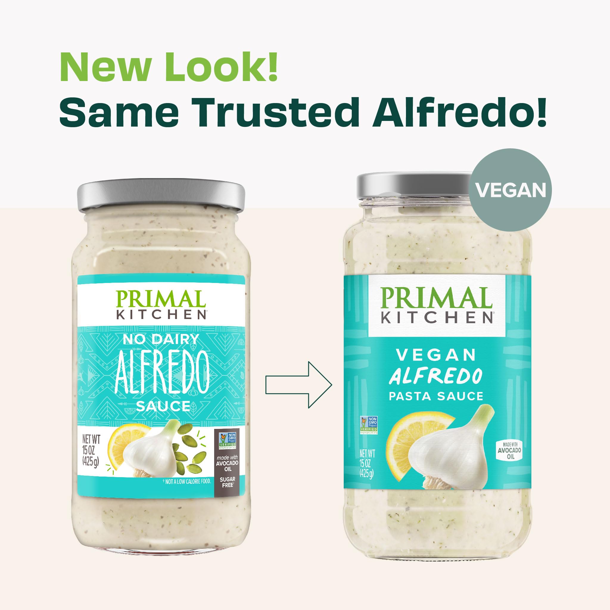 Primal Kitchen No-Dairy Alfredo pasta dish, versatile sauce for pasta, veggies, or chicken