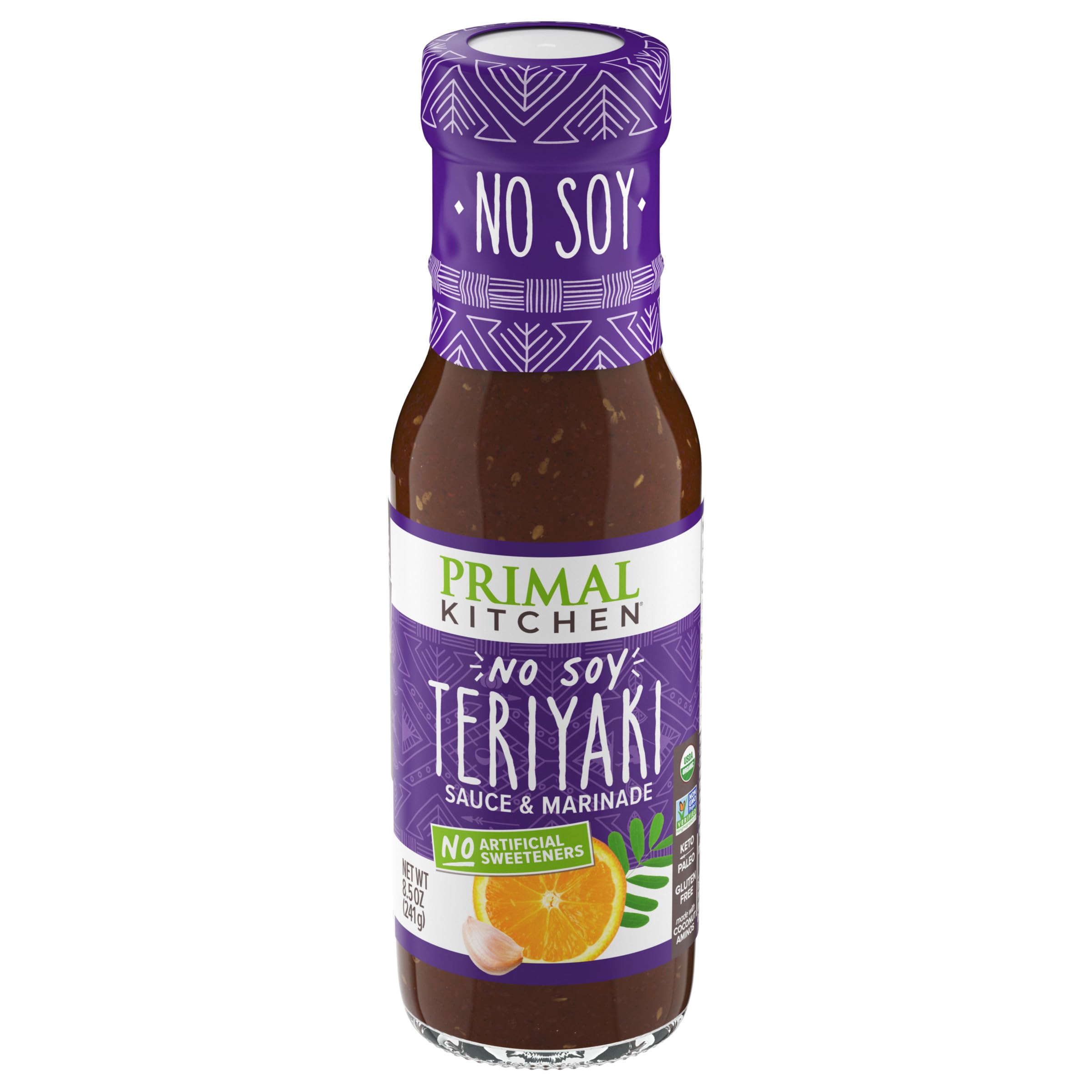 Primal Kitchen No-Soy Teriyaki Sauce bottle highlights gluten-free, keto-friendly flavor.