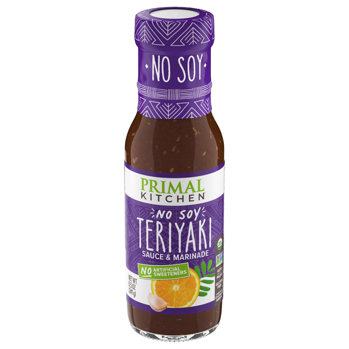 Primal Kitchen No-Soy Teriyaki Sauce bottle highlights gluten-free, keto-friendly flavor.