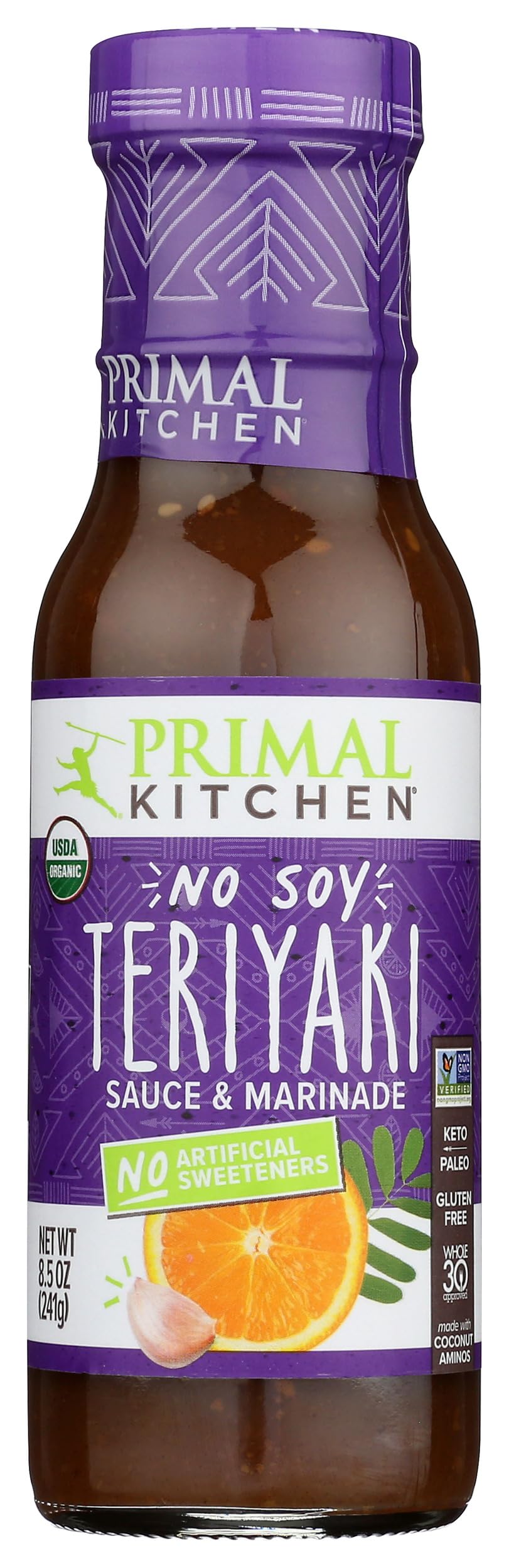 Primal Kitchen Organic No-Soy Teriyaki label emphasizes organic, allergen-friendly ingredients.