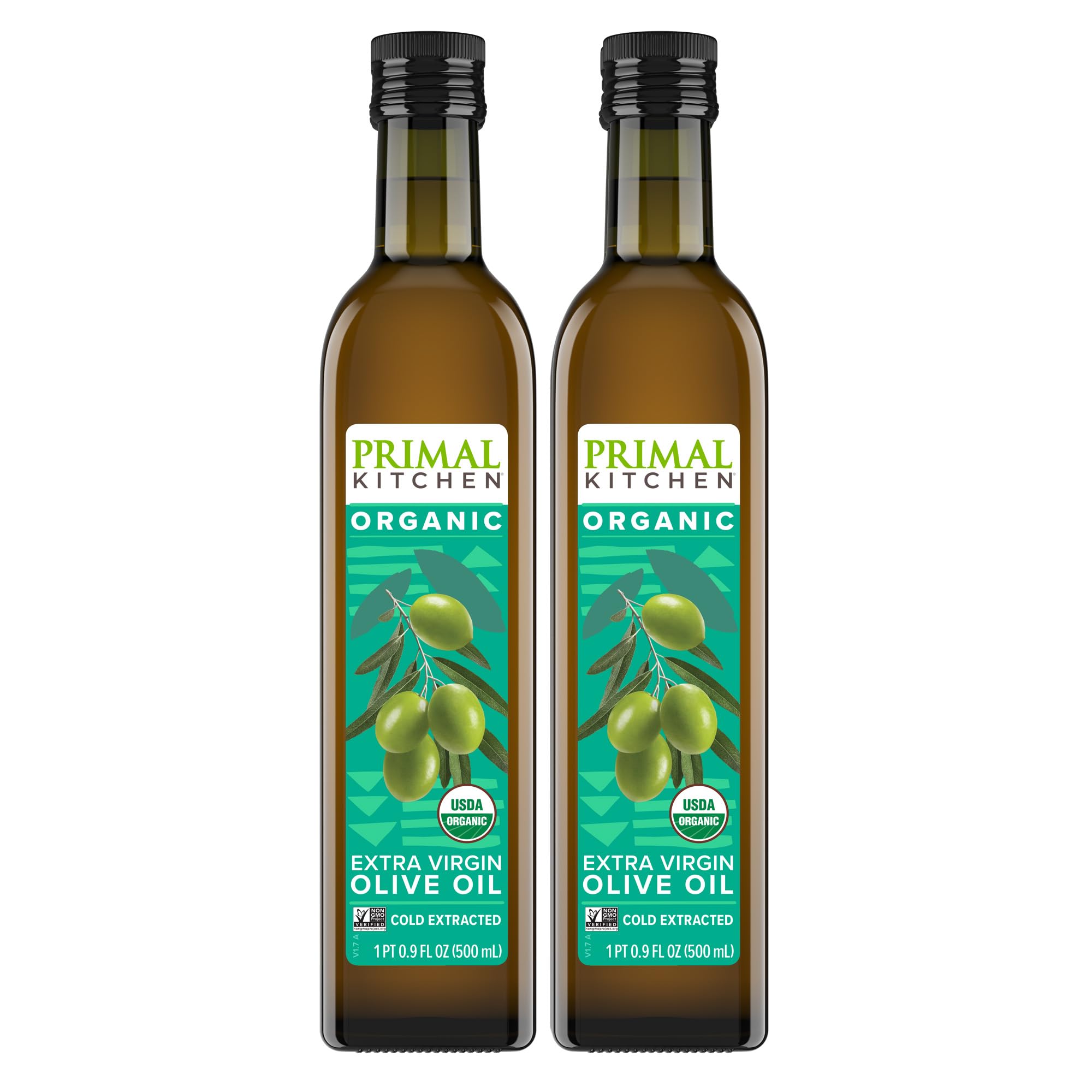 Primal Kitchen Organic EVOO bottle pouring, ideal for drizzle and sauté