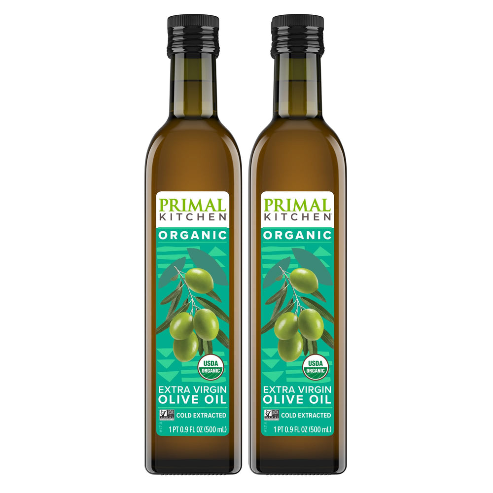Primal Kitchen Organic EVOO bottle pouring, ideal for drizzle and sauté