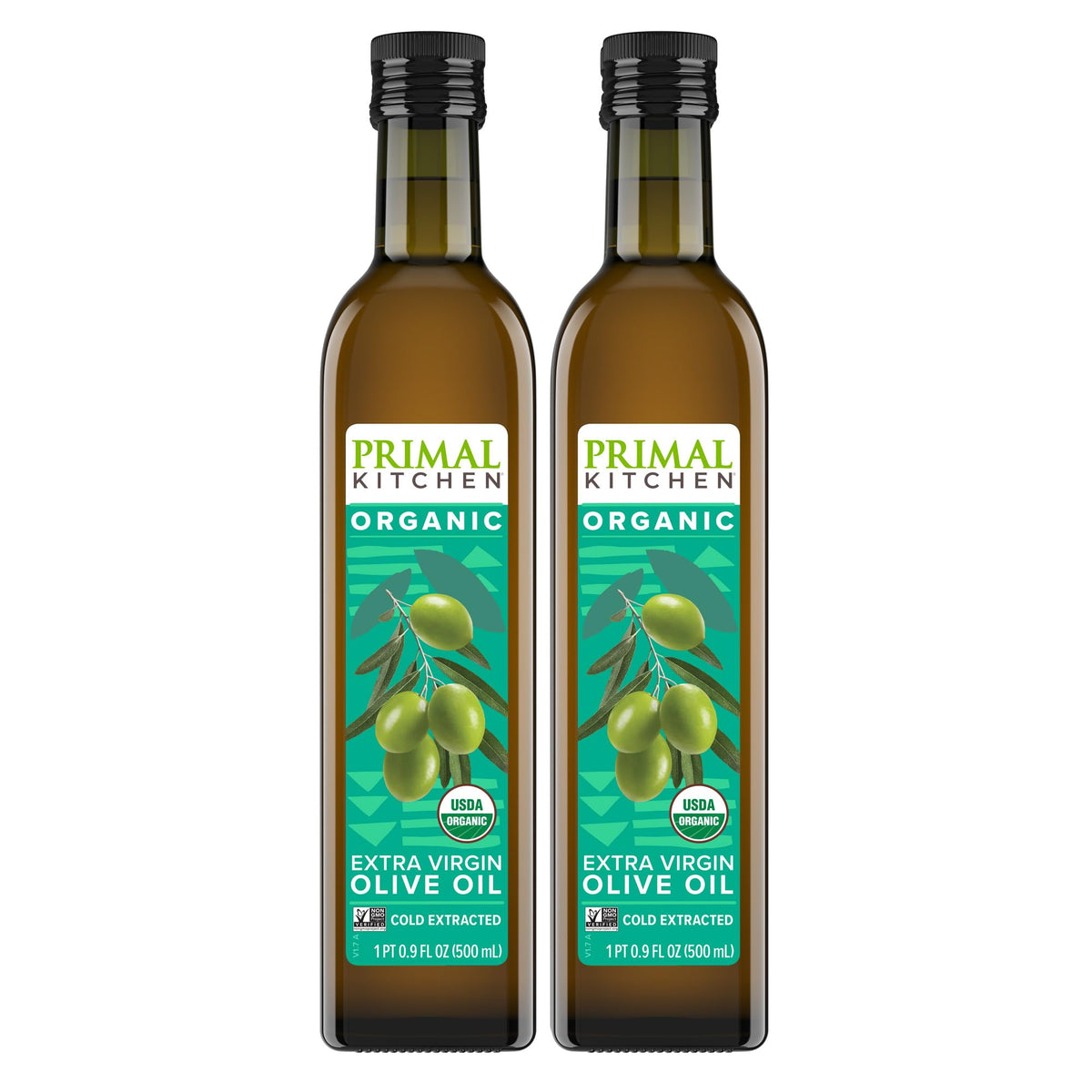 Primal Kitchen Organic EVOO bottle pouring, ideal for drizzle and sauté