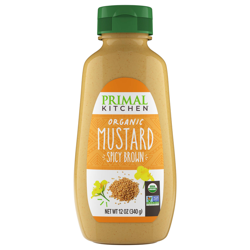 Primal Kitchen Spicy Brown Mustard jar closeup highlights premium ingredients for bold flavor.