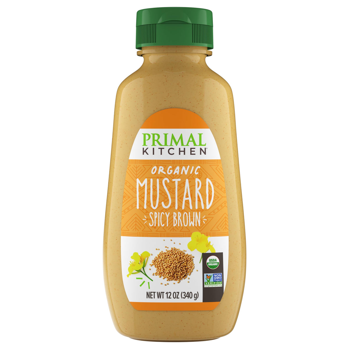 Primal Kitchen Spicy Brown Mustard jar closeup highlights premium ingredients for bold flavor.