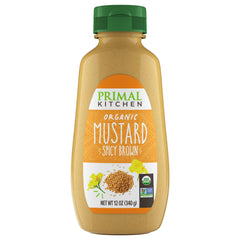 Primal Kitchen Spicy Brown Mustard jar closeup highlights premium ingredients for bold flavor.