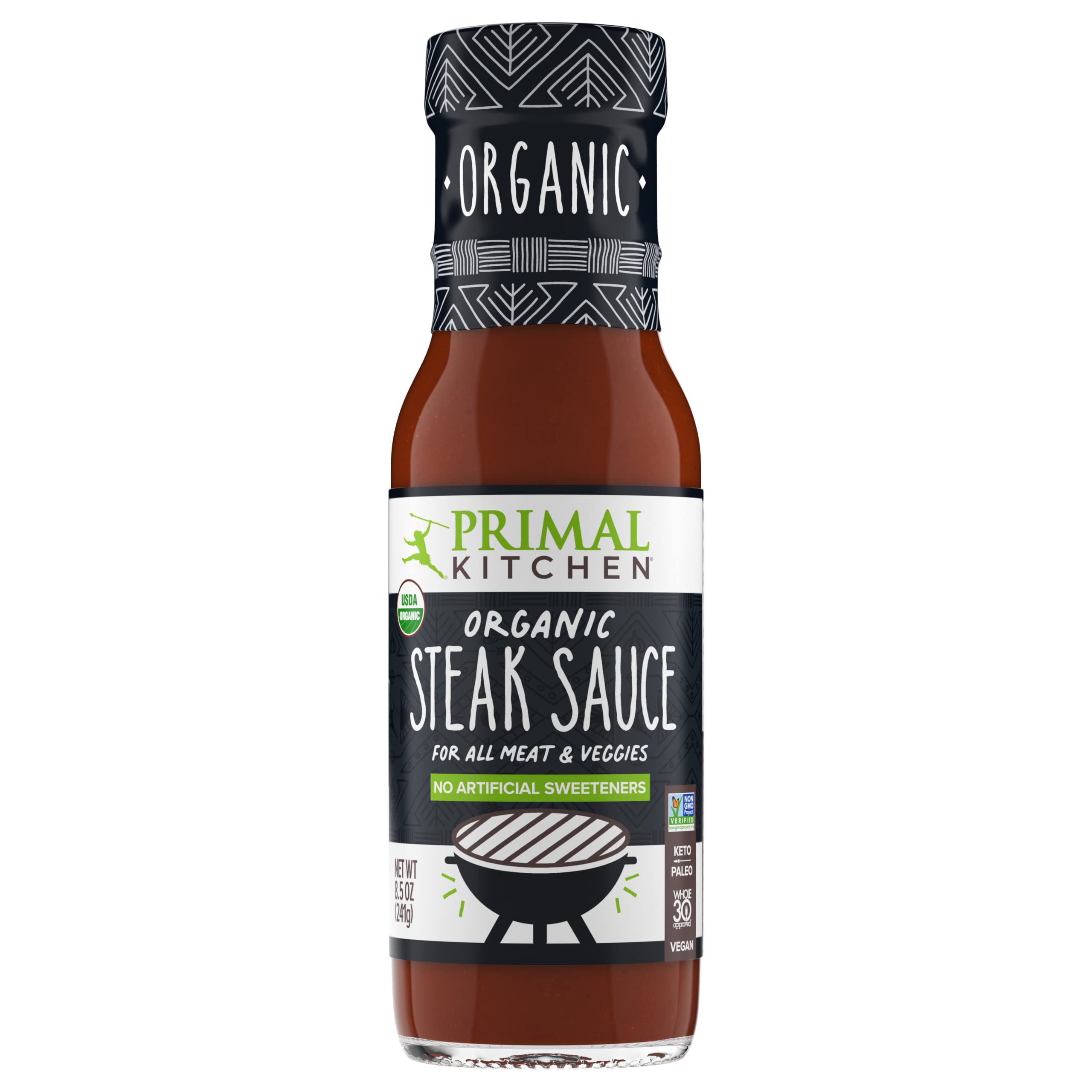 Primal Kitchen Organic Steak Sauce bottle highlighting USDA Organic and sugar-free flavor.