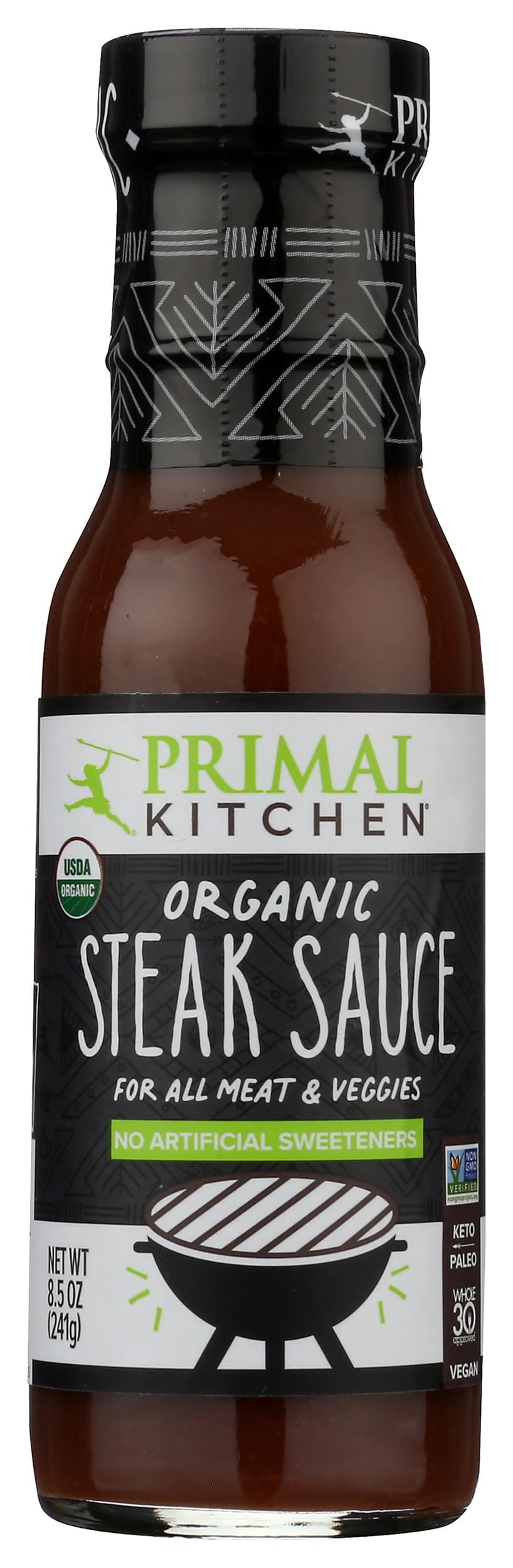 Close-up of Primal Kitchen Steak Sauce ingredients including garlic and pepper.