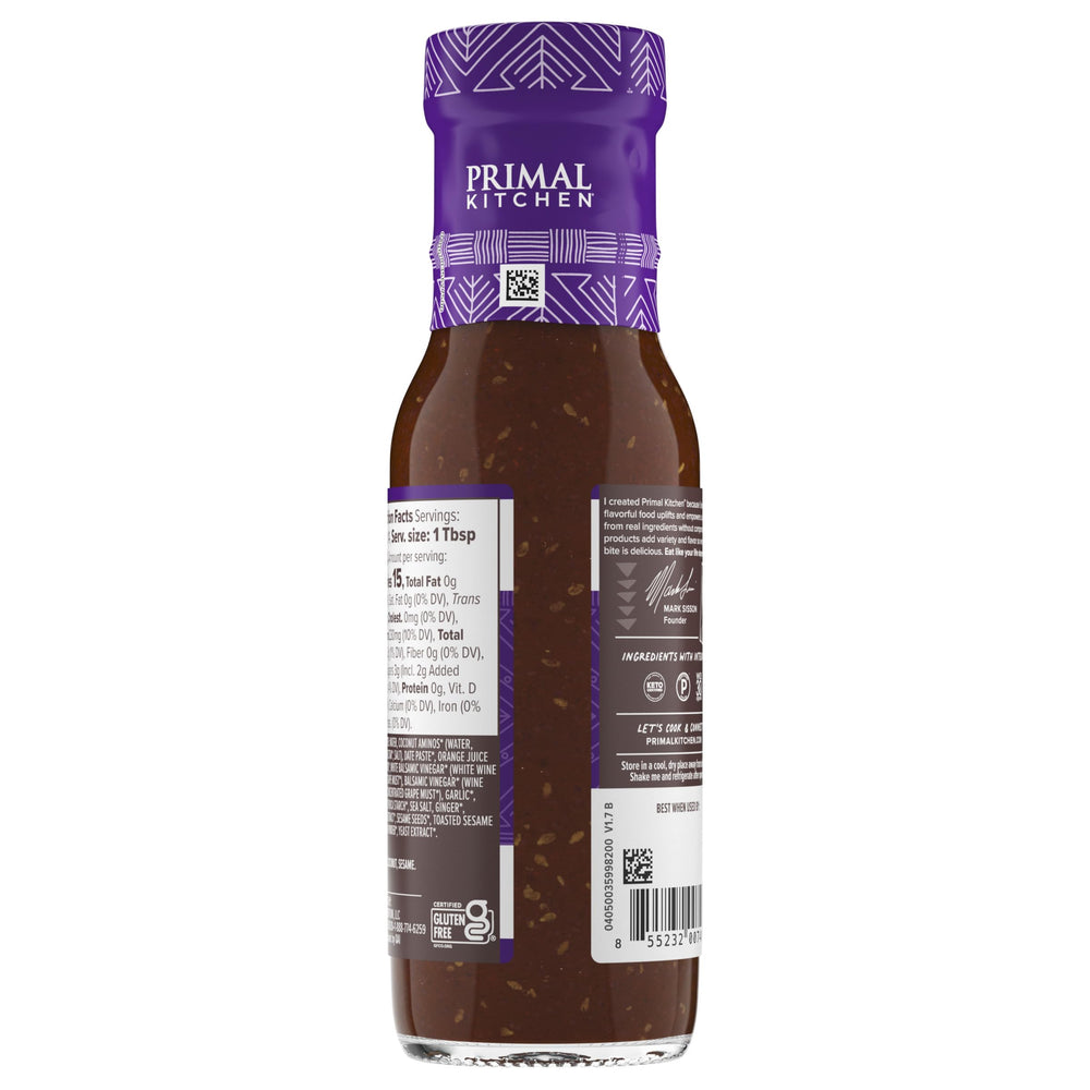 Primal Kitchen Teriyaki sauce glass-jar presentation with visible ingredients.