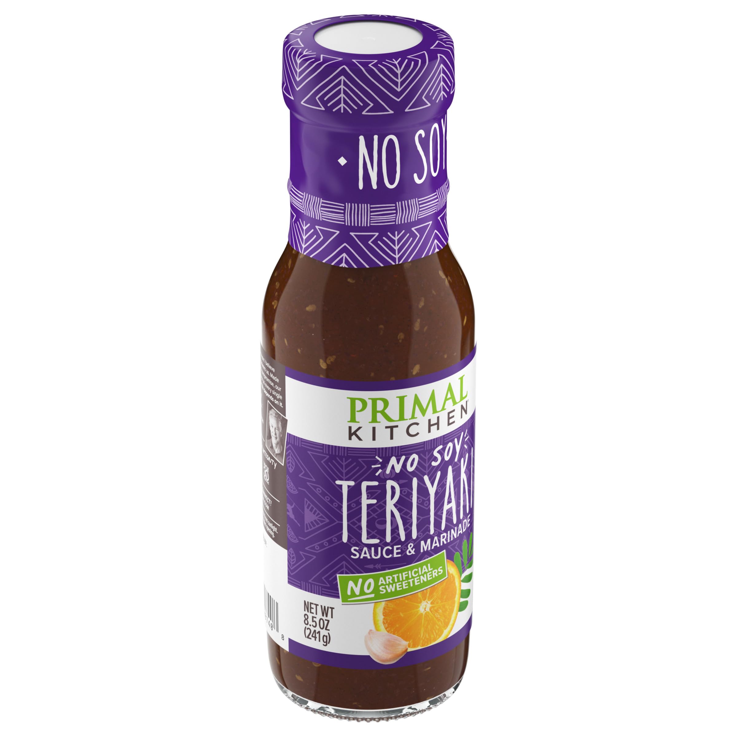 Primal Kitchen Teriyaki sauce ingredients graphic highlights no soy or gluten.