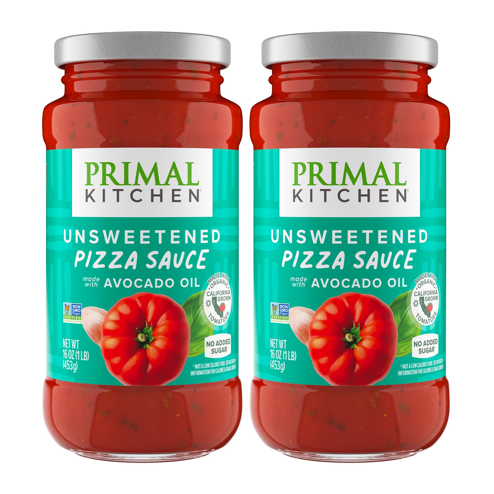 Primal Kitchen Unsweetened Red Pizza Sauce 2-Pack bottle front—no added sugar benefits.