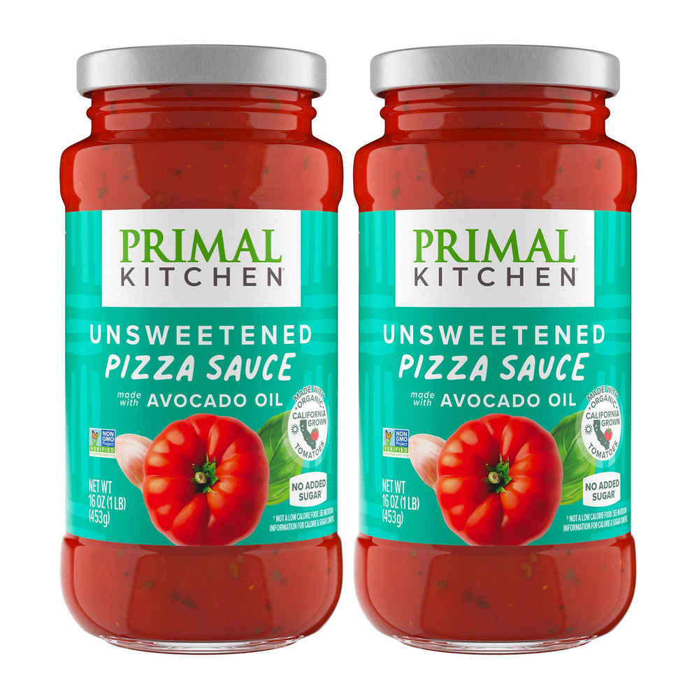 Primal Kitchen Unsweetened Red Pizza Sauce 2-Pack bottle front—no added sugar benefits.