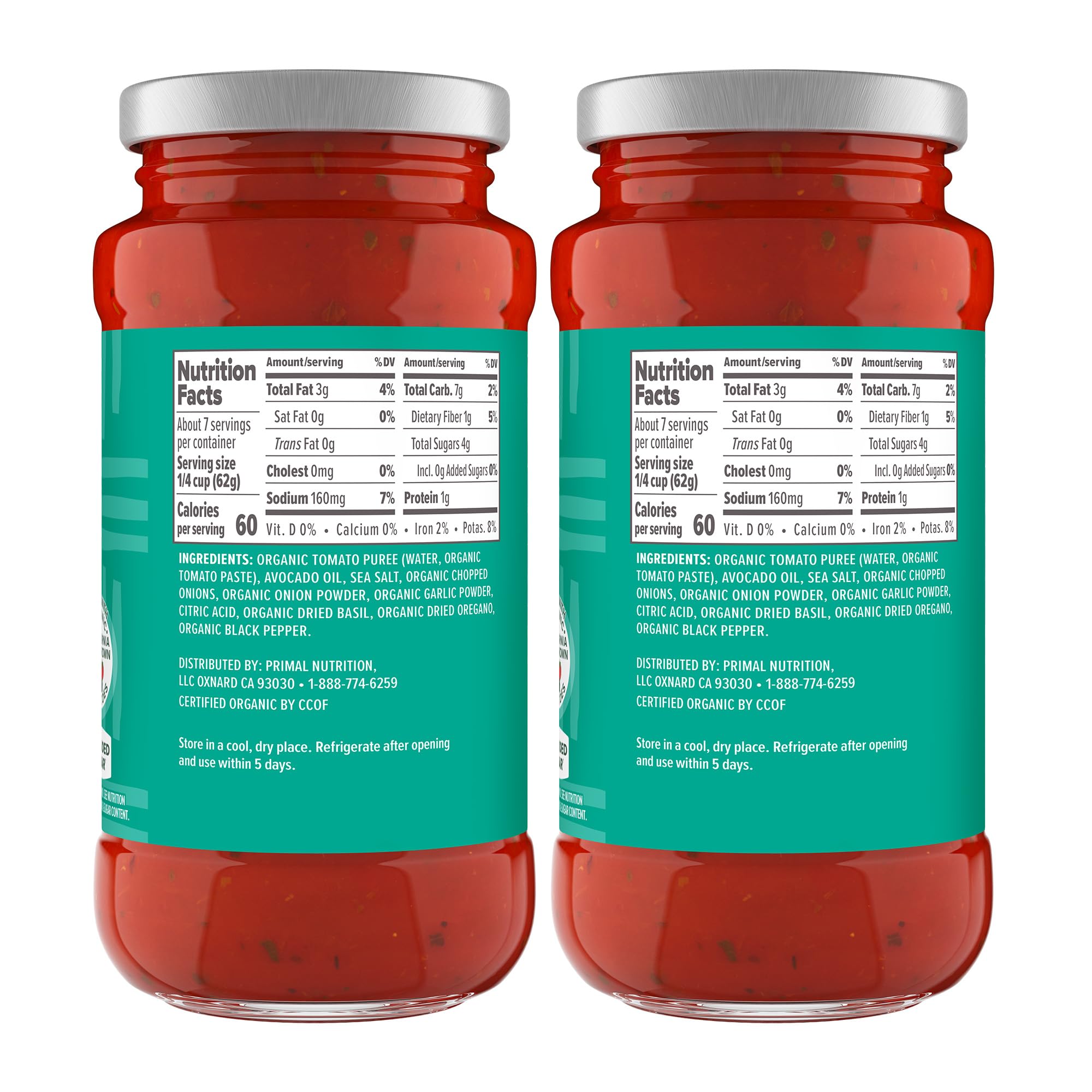 Primal Kitchen Unsweetened Red Pizza Sauce 2-Pack bottle side—avocado oil highlight.
