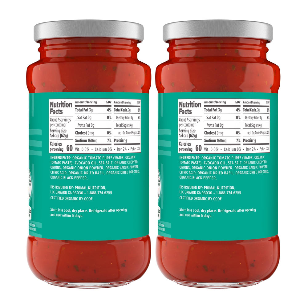 Primal Kitchen Unsweetened Red Pizza Sauce 2-Pack bottle side—avocado oil highlight.