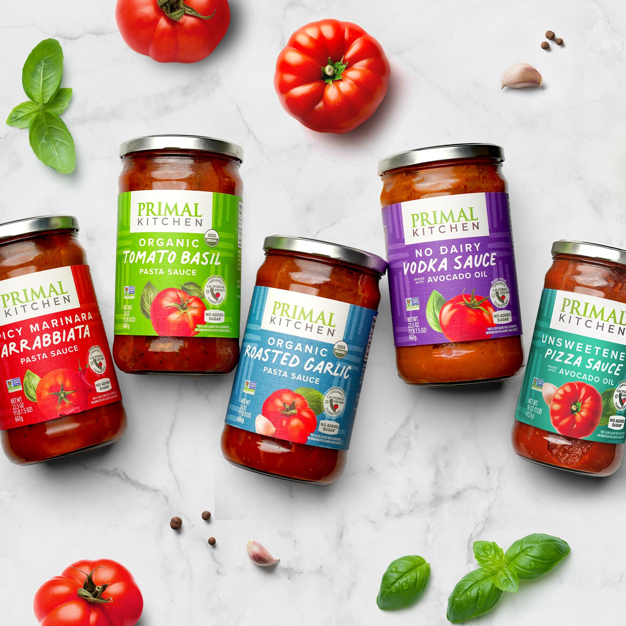 Primal Kitchen Unsweetened Red Pizza Sauce 2-Pack ingredients panel—gluten-free and keto compatible.