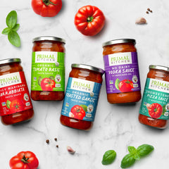 Primal Kitchen Unsweetened Red Pizza Sauce 2-Pack ingredients panel—gluten-free and keto compatible.