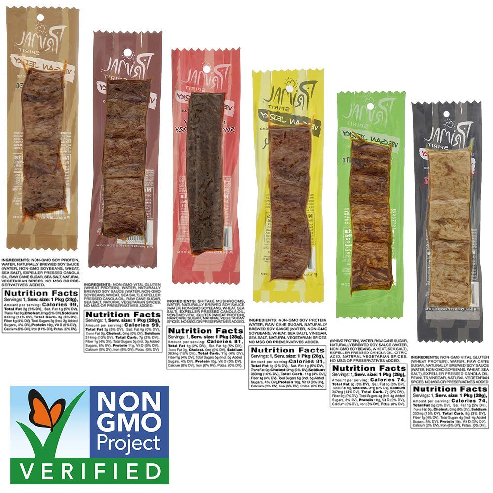 Six flavor lineup of Primal Spirit vegan jerky offering variety for tastings.