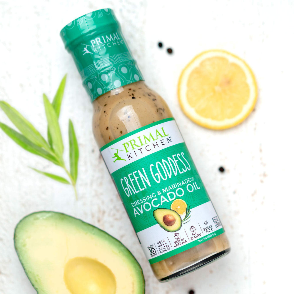Primal Kitchen avocado oil ingredient bottle emphasizing premium fats for dressings.