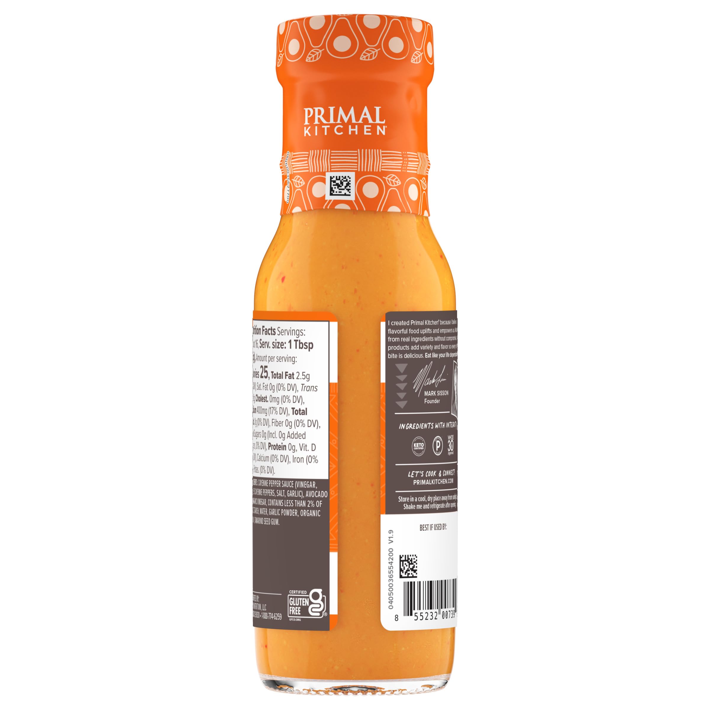 Primal Kitchen No Dairy Buffalo Sauce in glass jar showcases clean, keto-friendly labeling
