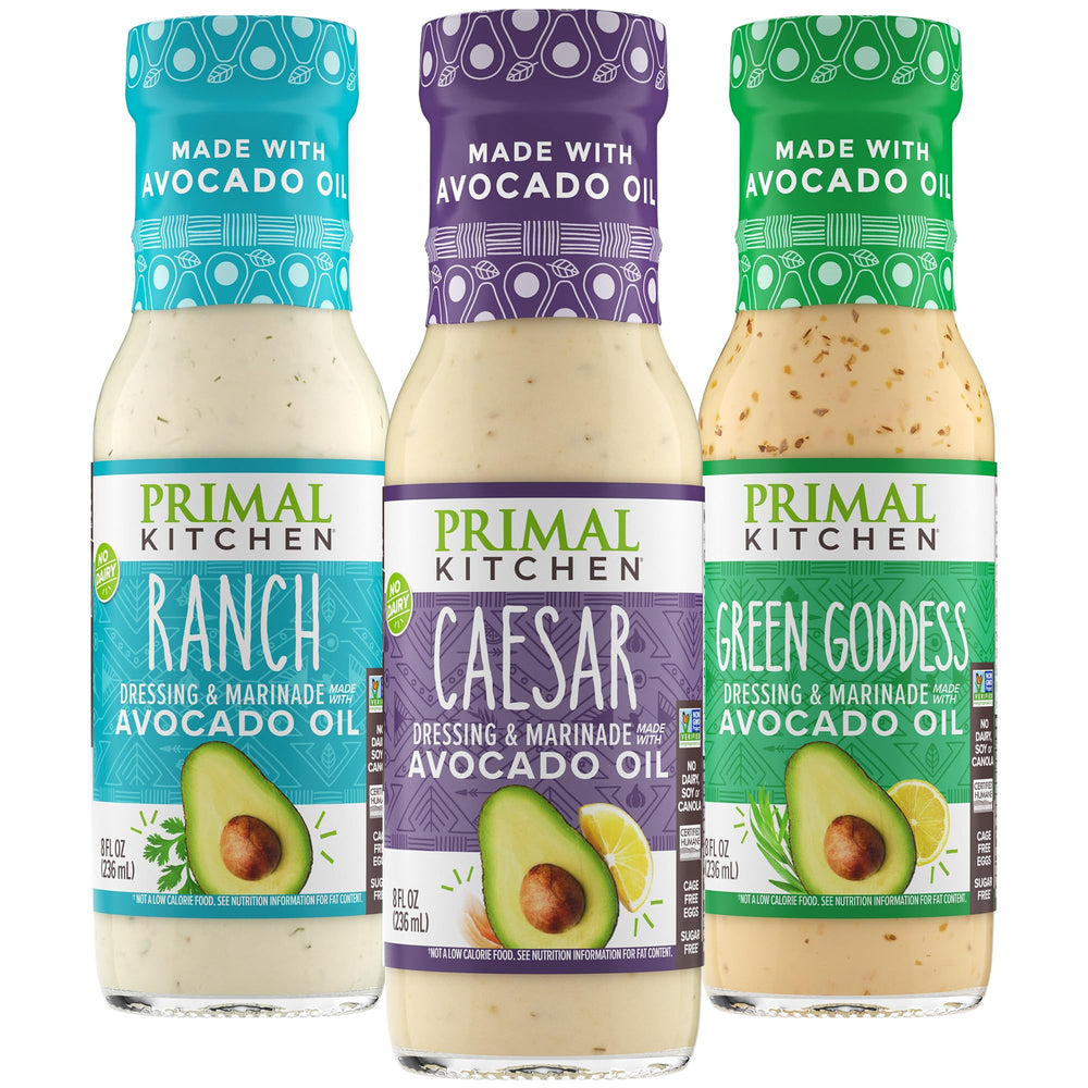 Primal Kitchen Ranch Dressing bottle showing creamy, dairy-free flavor for salads.