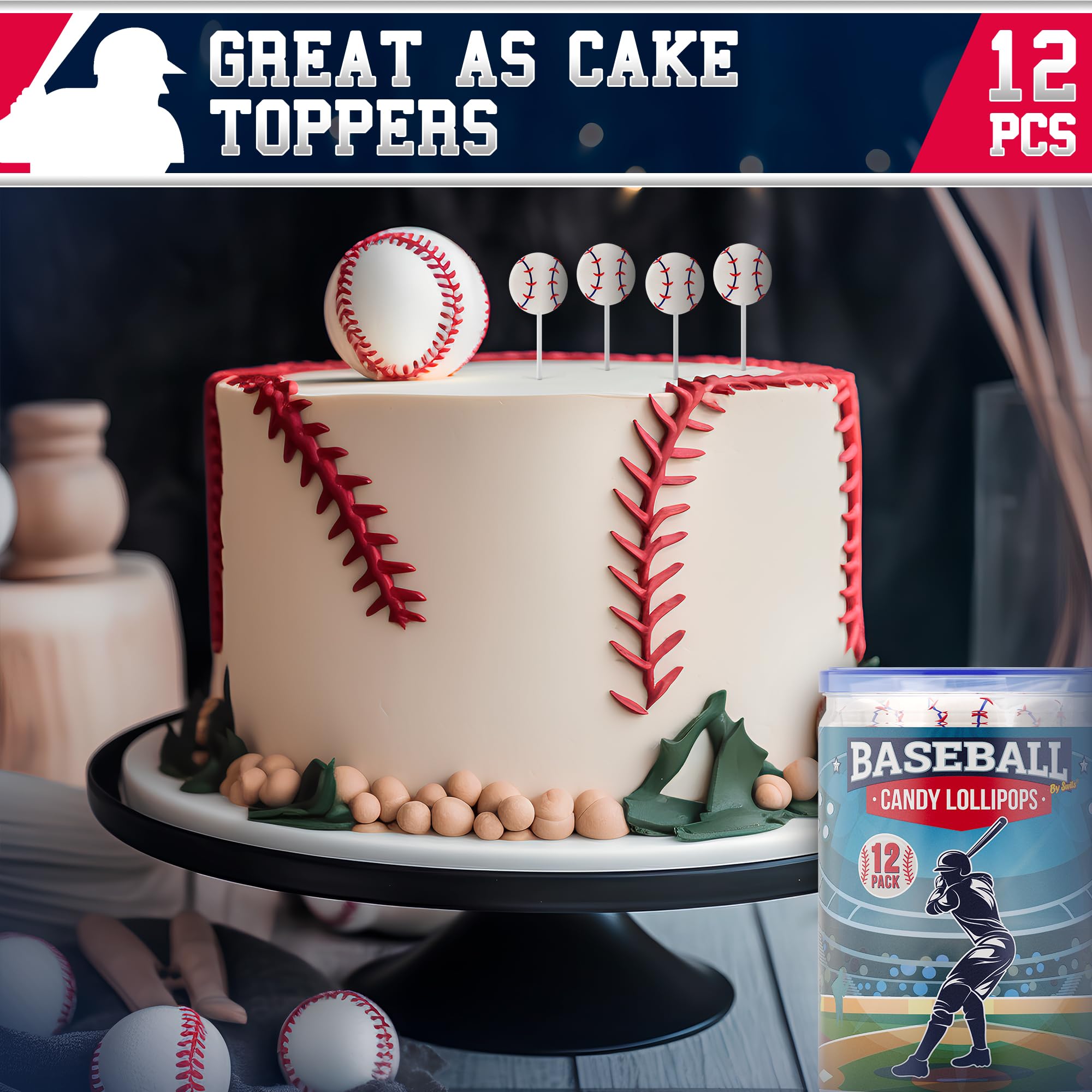 Primary Colors Candy Baseball Goody Bag Display enhances celebrations with themed sweets.