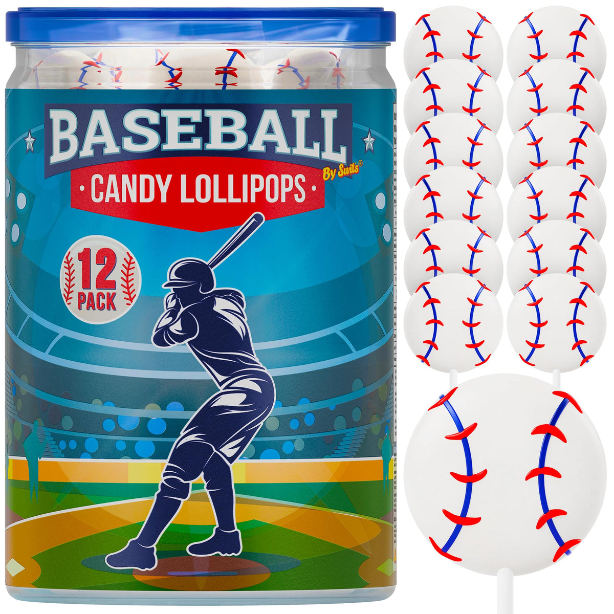 Primary Colors Candy Baseball Lollipops Tub for party favors with bright colors and flavors.