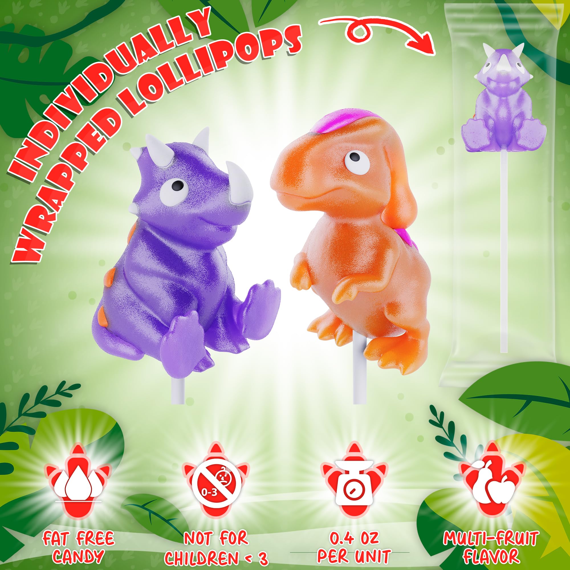 Primary Colors Candy dinosaur lollipop Bubble-wrap packaging protects freshness during shipping.