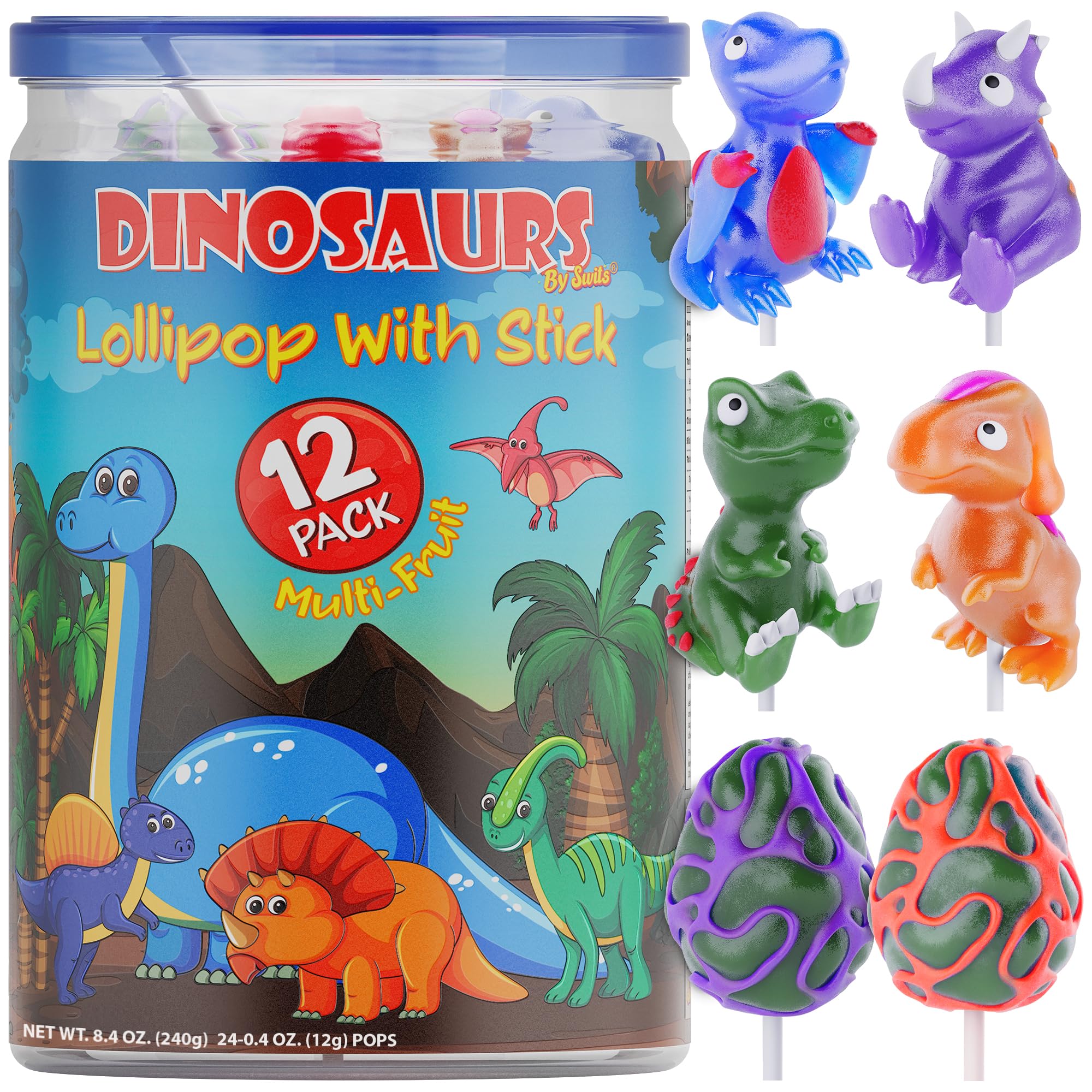 Primary Colors Candy dinosaur lollipop Stegosaurus close-up with vibrant colors for immersive party favors.