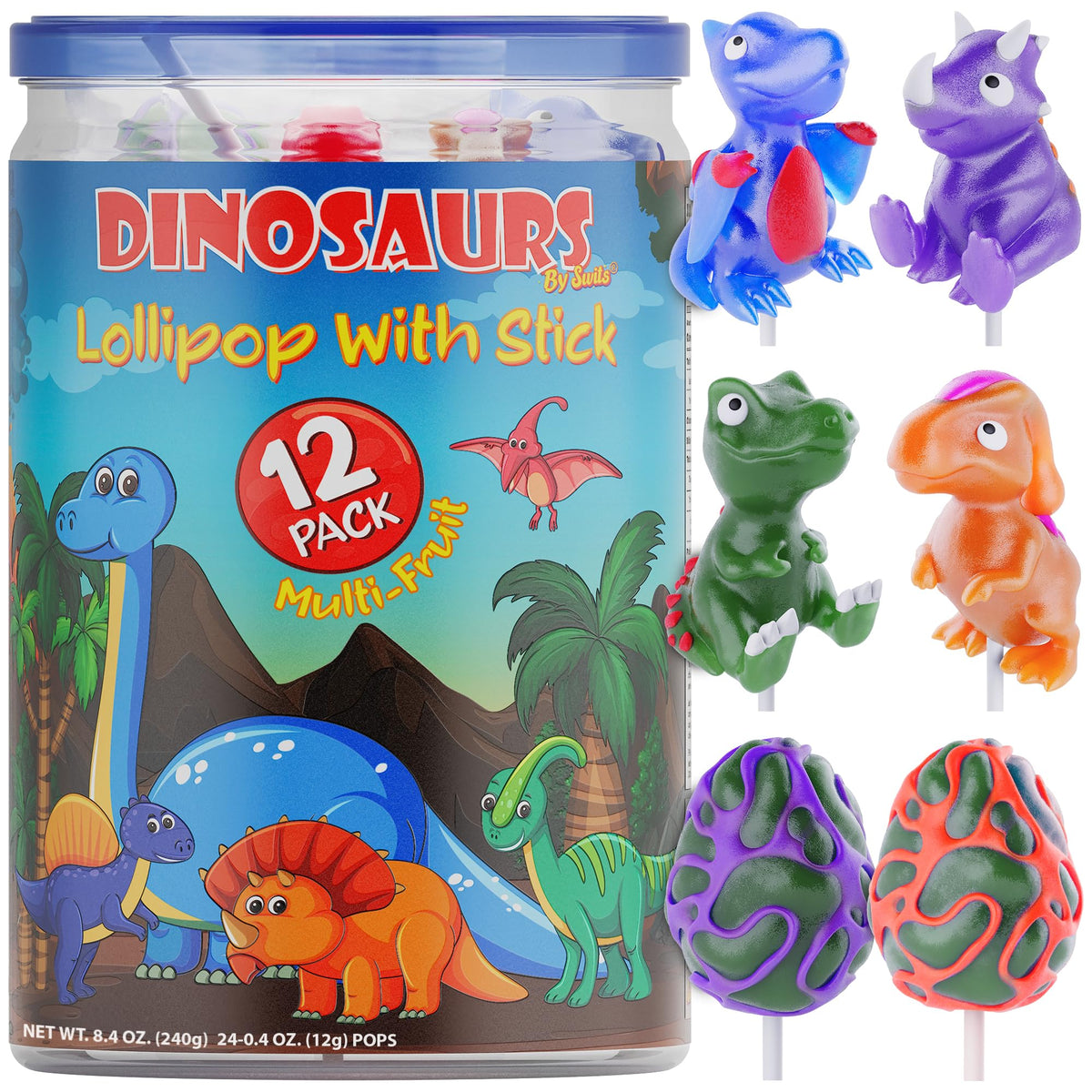 Primary Colors Candy dinosaur lollipop Stegosaurus close-up with vibrant colors for immersive party favors.